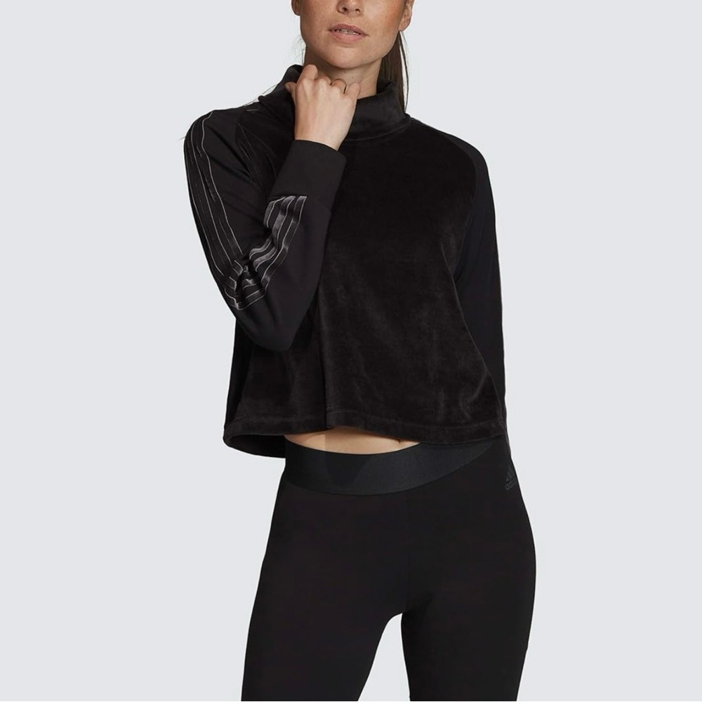 adidas Sport ID Long Sleeve Tee Black MD XS Black Funnel Neckline Velvet Feel